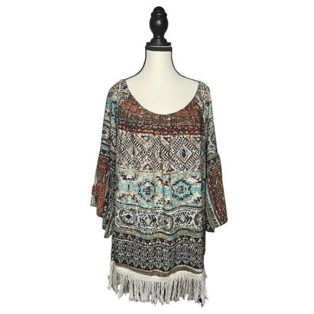 Ali Miles Tunic Top Women's 1X Southwest‎ Aztec Print Fringe Bell Sleeve Boho